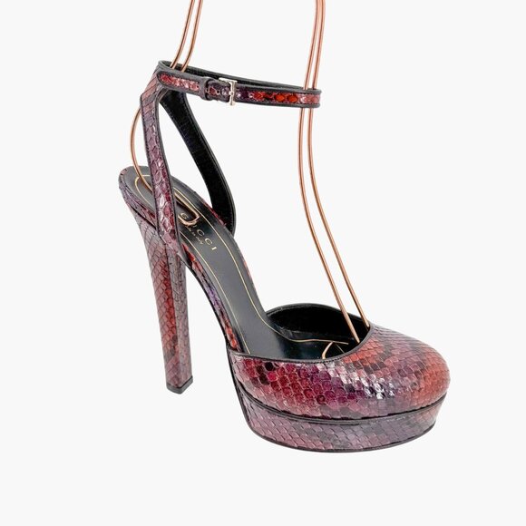 Gucci Huston Platform Pump Size 37 US 7 Red Burgundy Python Snake Mary Jane Heel - Picture 8 of 12